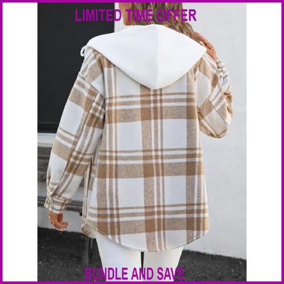 Oversized Flannel Shacket Sherpa Lined Hooded Jacket with Pockets - Picture 7 of 8